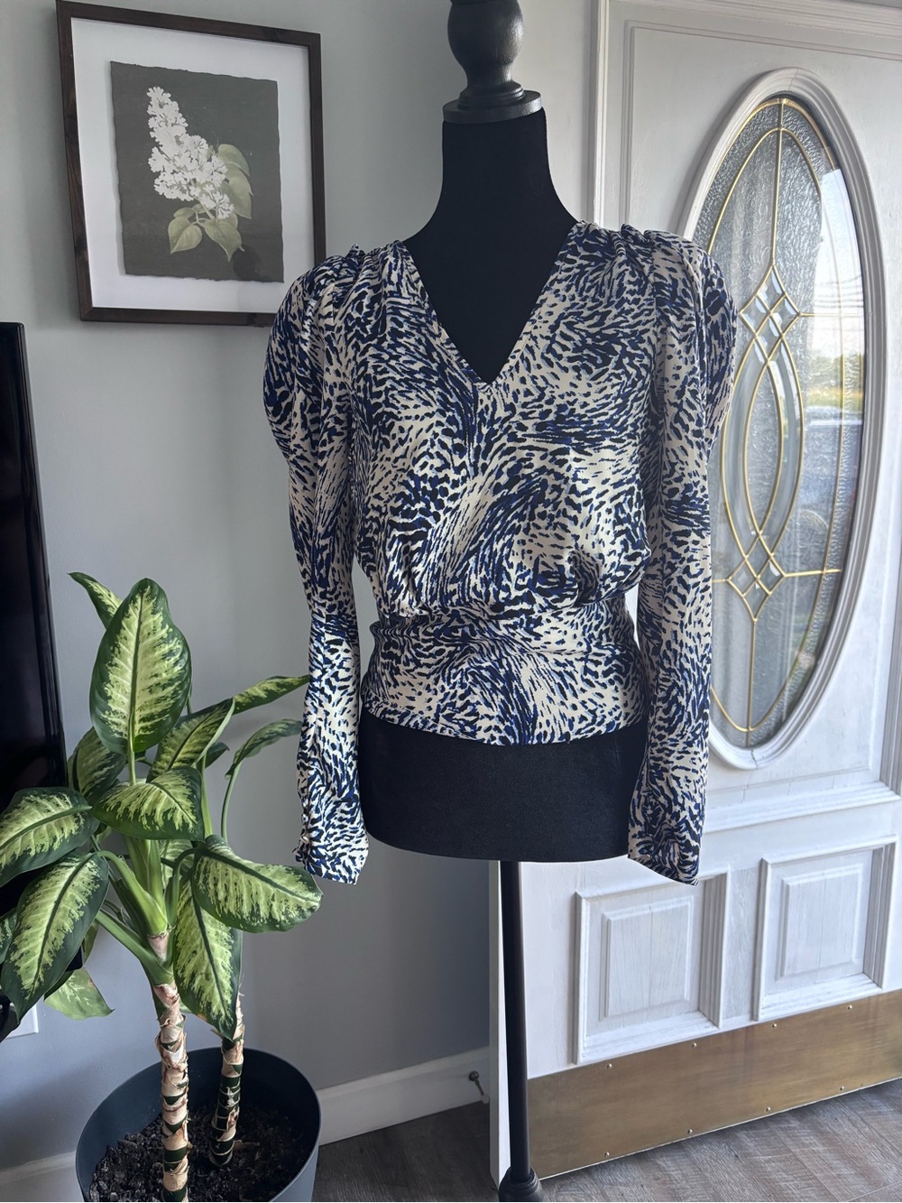 Express Navy and White Printed V-Neck Blouse